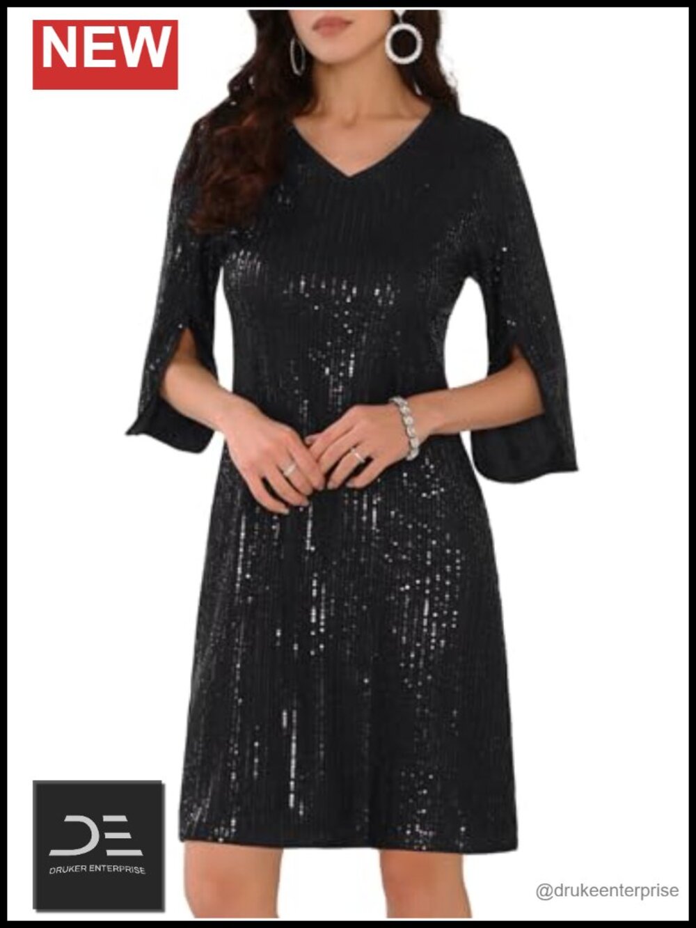 Womlayout Sequin Shift Dress Short Split Sleeves V Neck Party Cocktail Mini